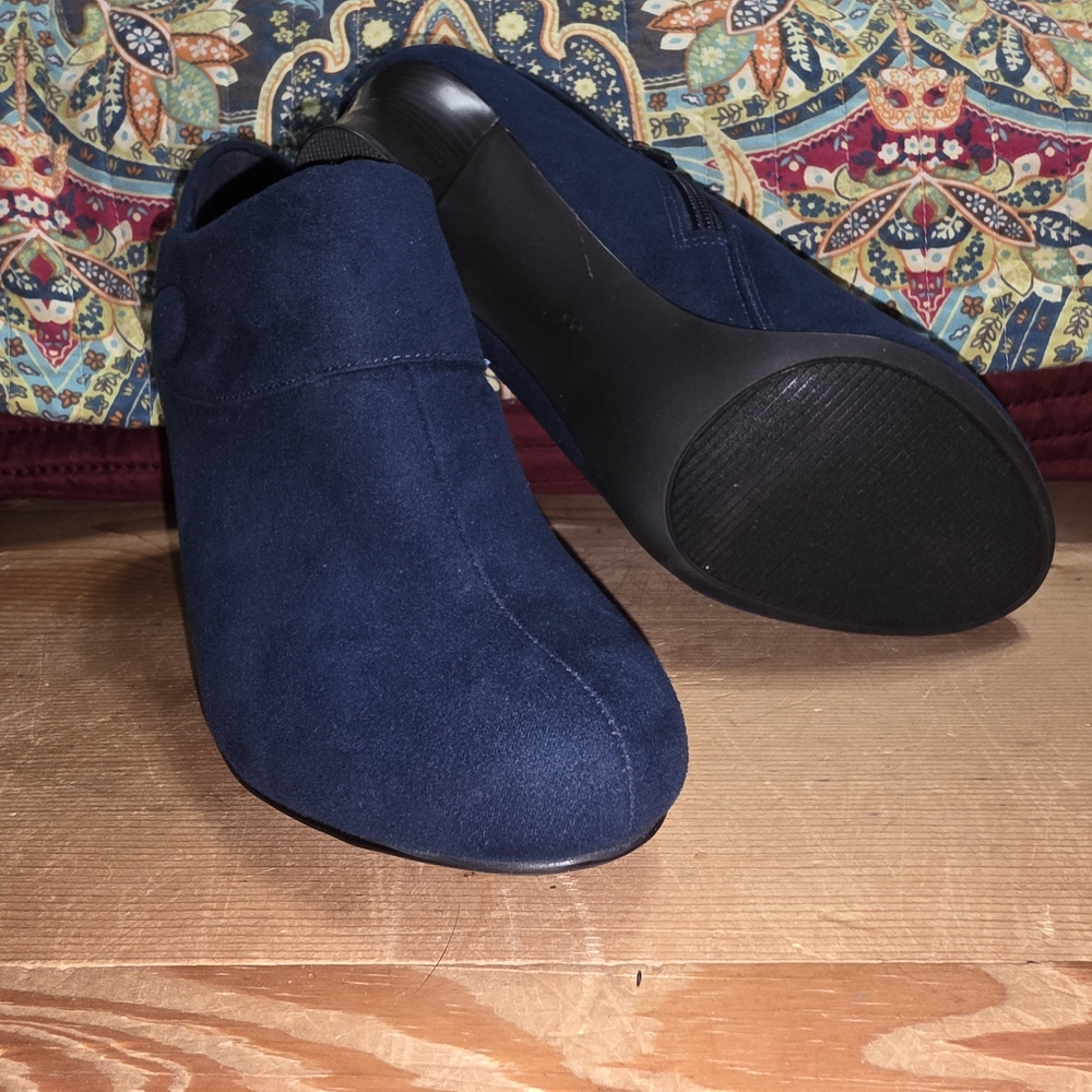 Navy Suede Slip-On Ankle Booties
